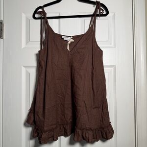 Boho Hippy Brown Flowy Linen Camisole with Ruffle Hem & Adjustable Tie Straps